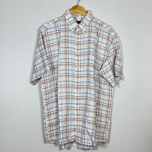 Jos. A. Bank Mens Shirt L White Orange Blue Plaid 100% Linen Short Sleeve Button